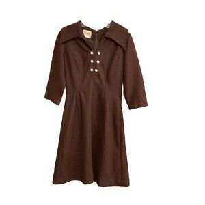 1970s  Women's Handmade Dress Sz S Brown Polyester A-Line Wide Collar Midi